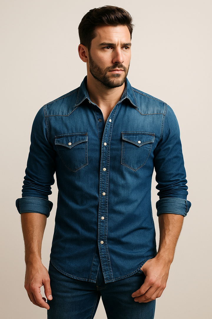 Roupa masculina: camisa jeans casual atemporal, perfeita para um estilo descontraído e elegante.
