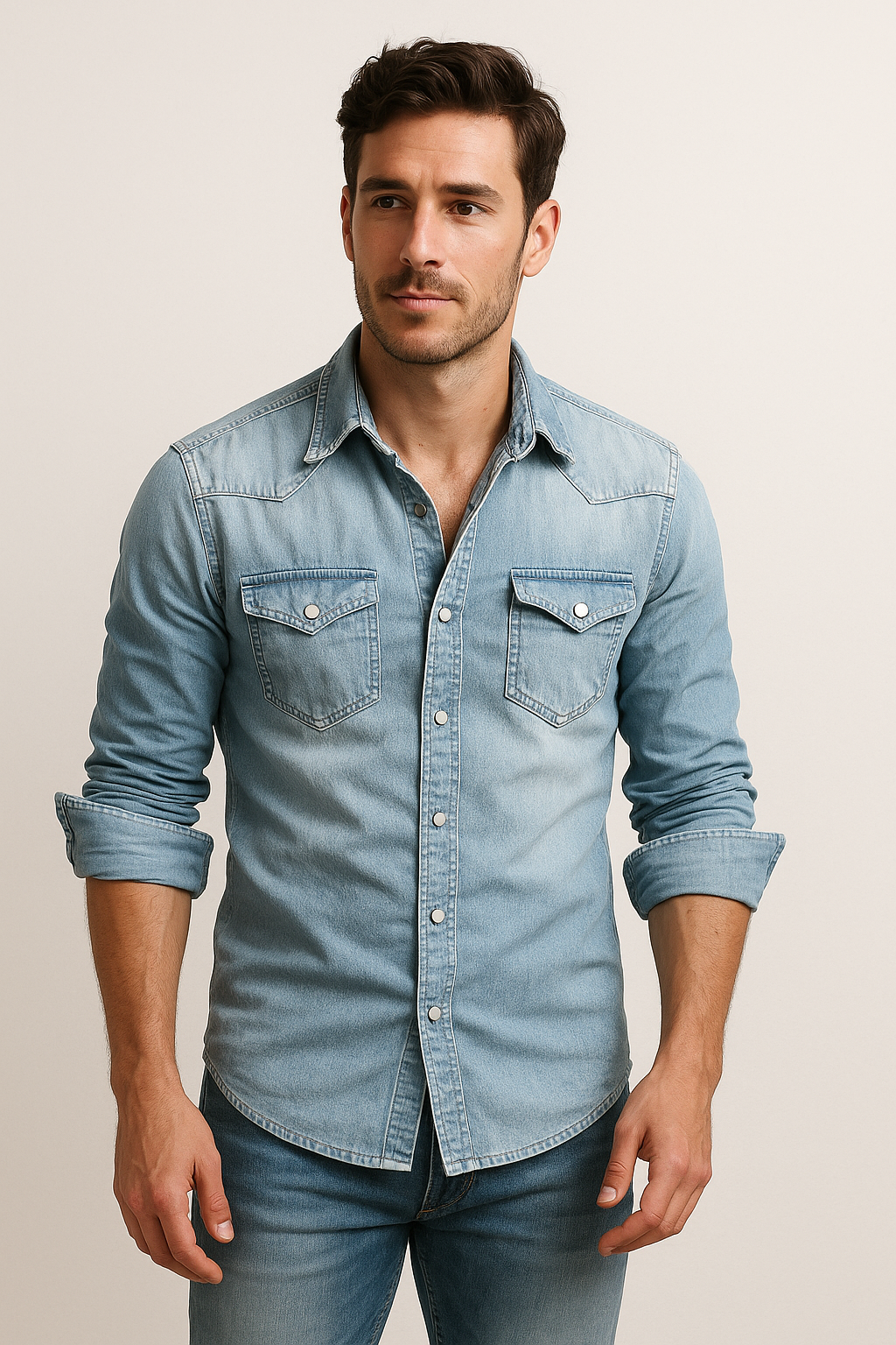 Camisa jeans masculina solta, manga comprida, ideal para look casual moderno e confortável.