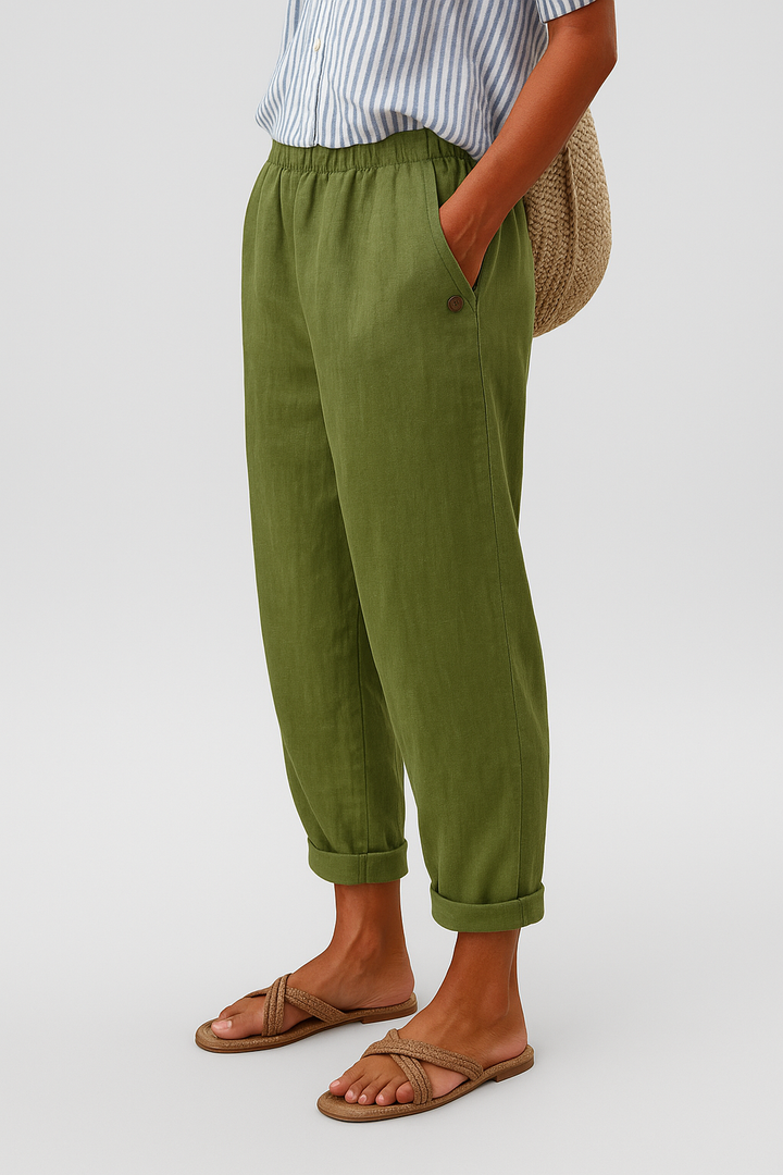 Calça feminina casual folgada, perfeita para um estilo relaxed e elegante. Peça versátil com bolsos.