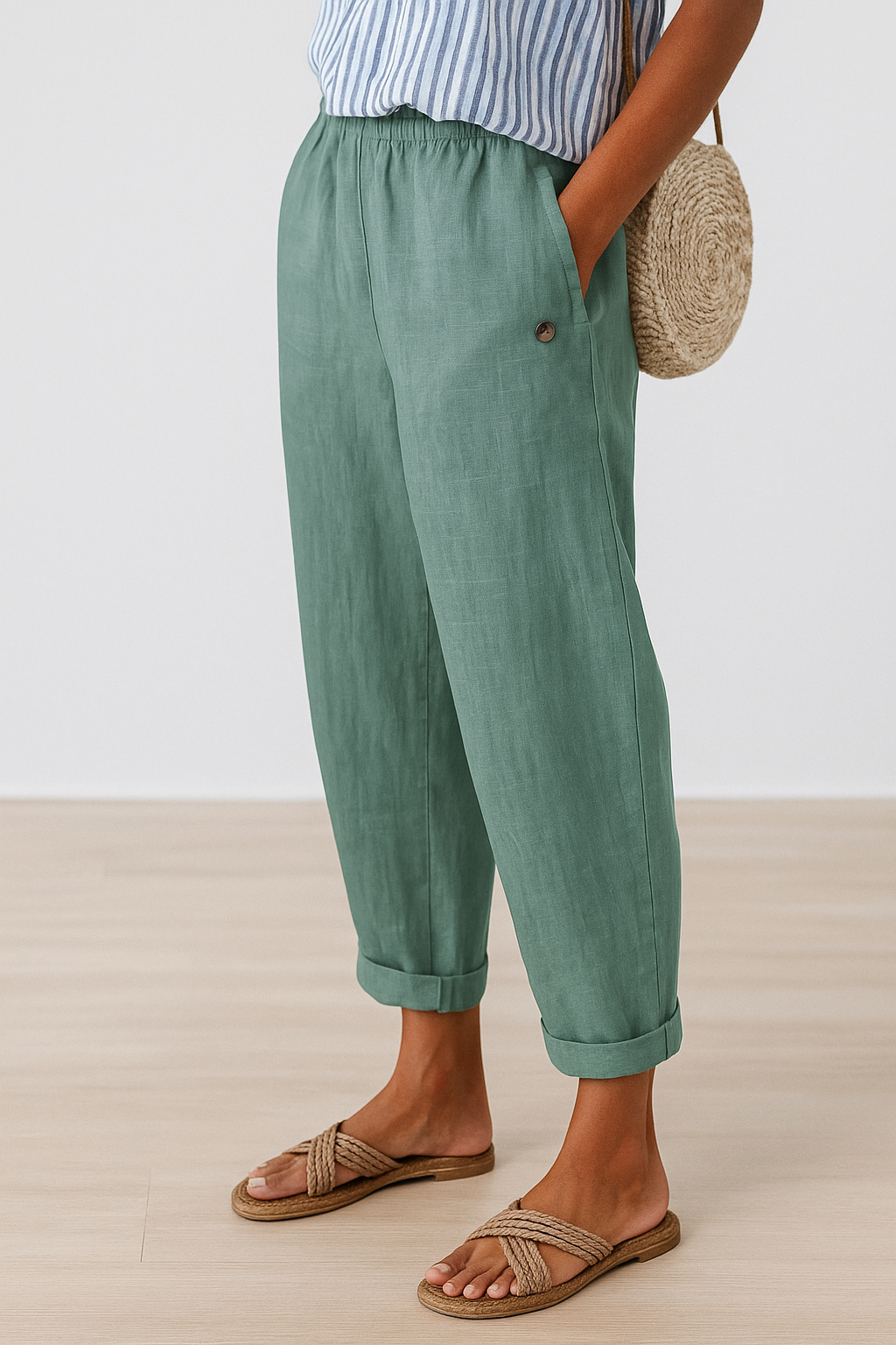 Calça feminina confortável e folgada, estilo casual com bolsos. Ideal para um look despojado e versátil.