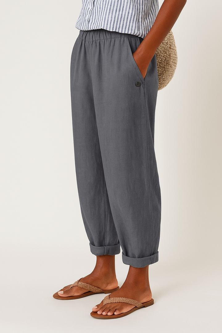 Calça feminina folgada com bolsos funcionais, estilo casual relaxed. Conforto e elegância para o dia a dia.