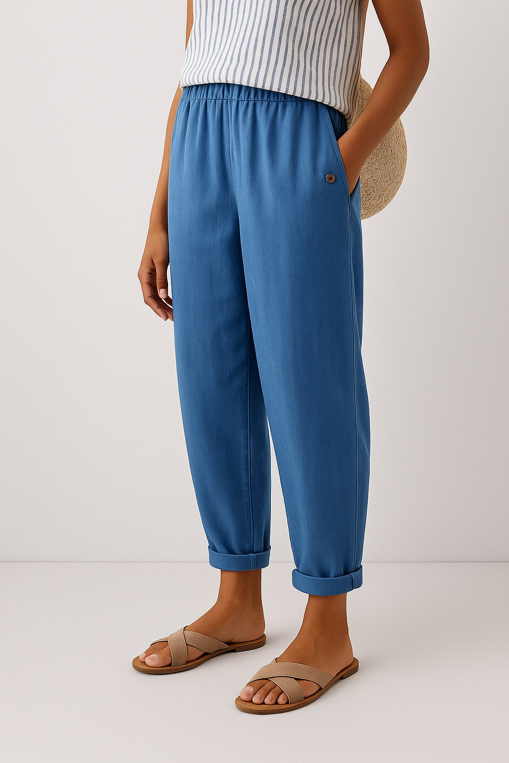 Mulher usando calça folgada feminina casual, mostrando bolsos laterais e conforto. Ótima para moda verão.