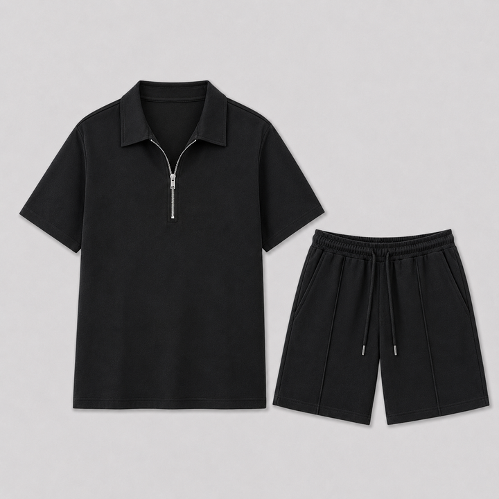 Conjunto masculino elegante para verão, com pólo casual e bermuda descontraída. Estilo e bem-estar garantidos.