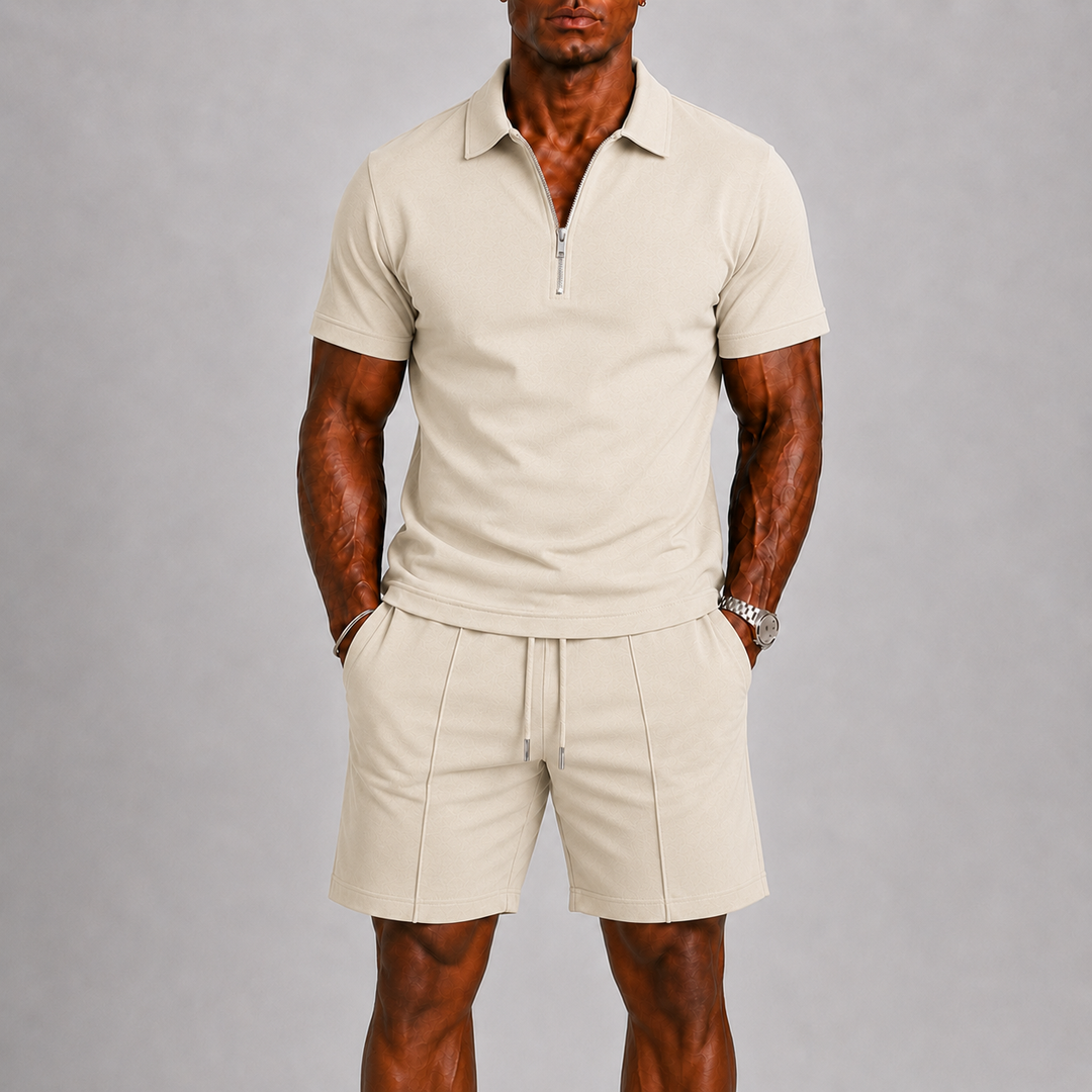 Conjunto de verão para homem: pólo com fecho e bermuda casual. Roupa confortável e elegante para dias quentes.