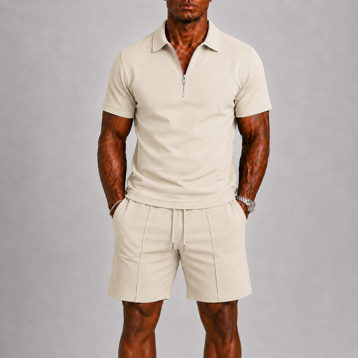 Conjunto de verão para homem: pólo com fecho e bermuda casual. Roupa confortável e elegante para dias quentes.