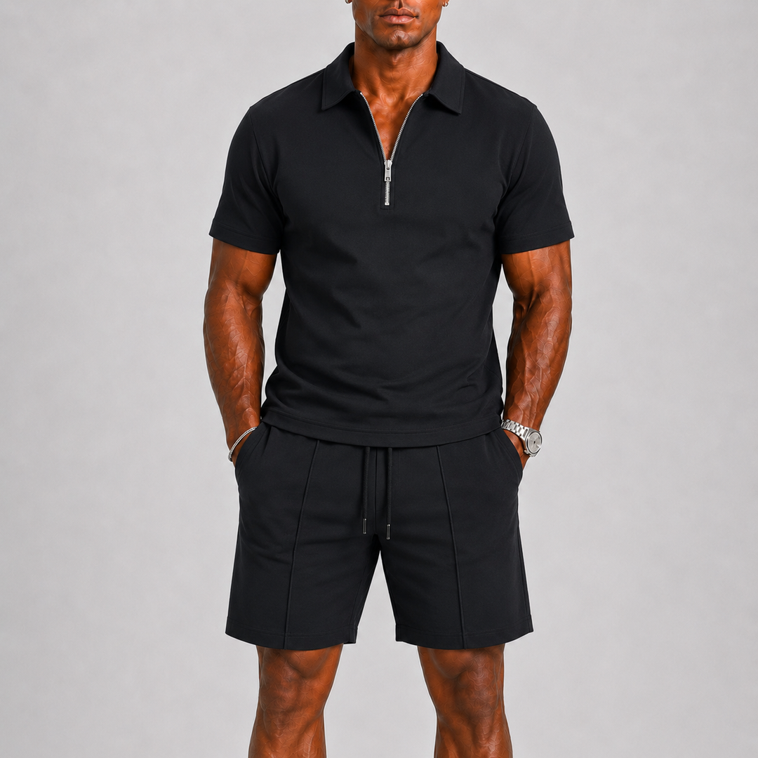 Conjunto masculino casual: pólo com fecho e bermuda para verão. Ideal para conforto e estilo na moda masculina.