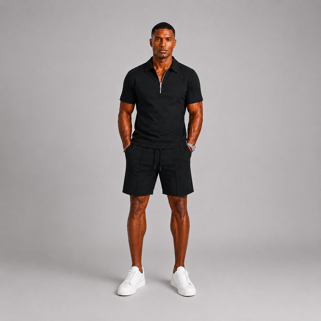 Conjunto masculino de moda verão: pólo com zíper e bermuda casual. Perfeito para um look descontraído e moderno.