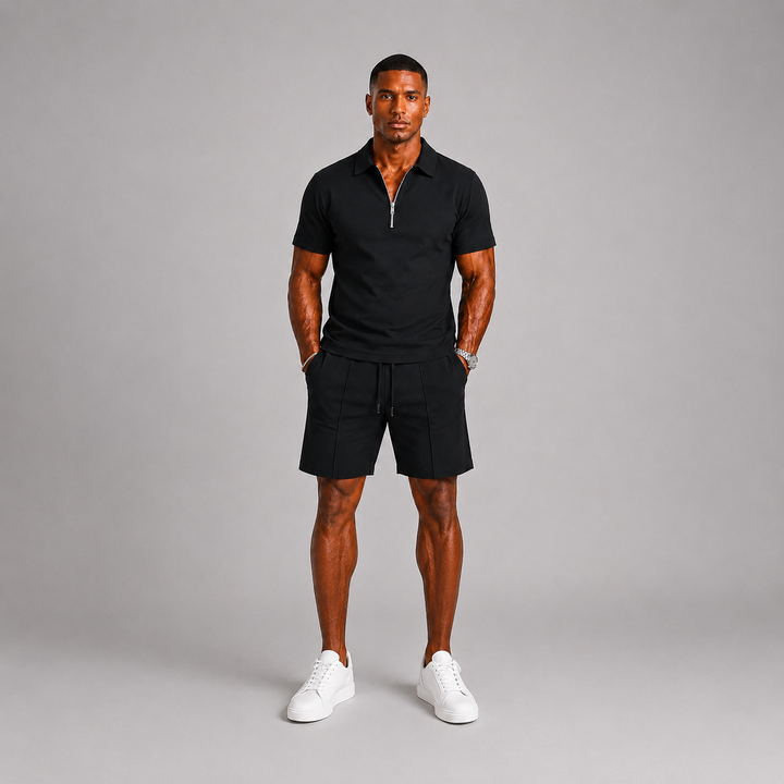 Conjunto masculino de moda verão: pólo com zíper e bermuda casual. Perfeito para um look descontraído e moderno.