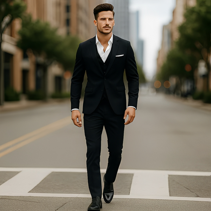 Conjunto formal masculino slim fit, duas peças, para eventos de verão. Fato moderno, confortável e elegante.