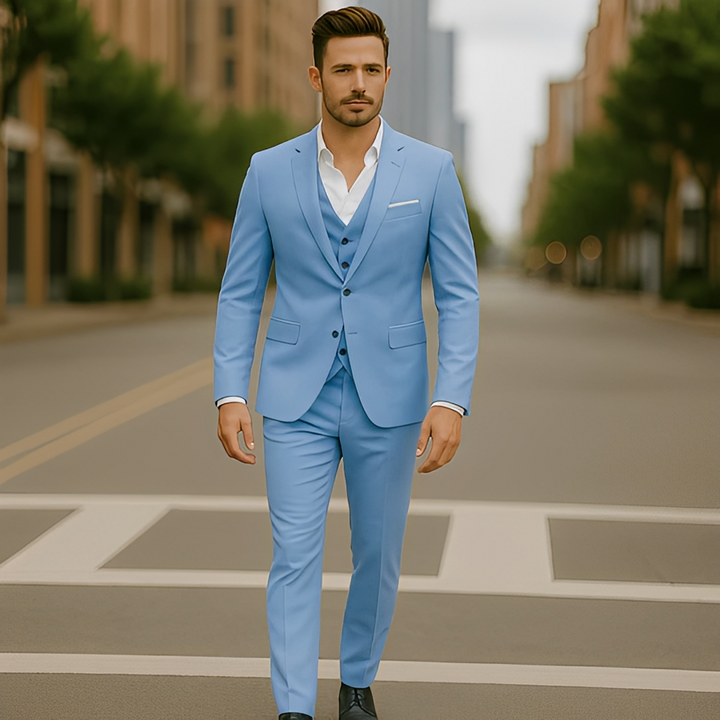 Conjunto formal masculino duas peças azul para casamento, negócios e eventos. Fato elegante e moderno.