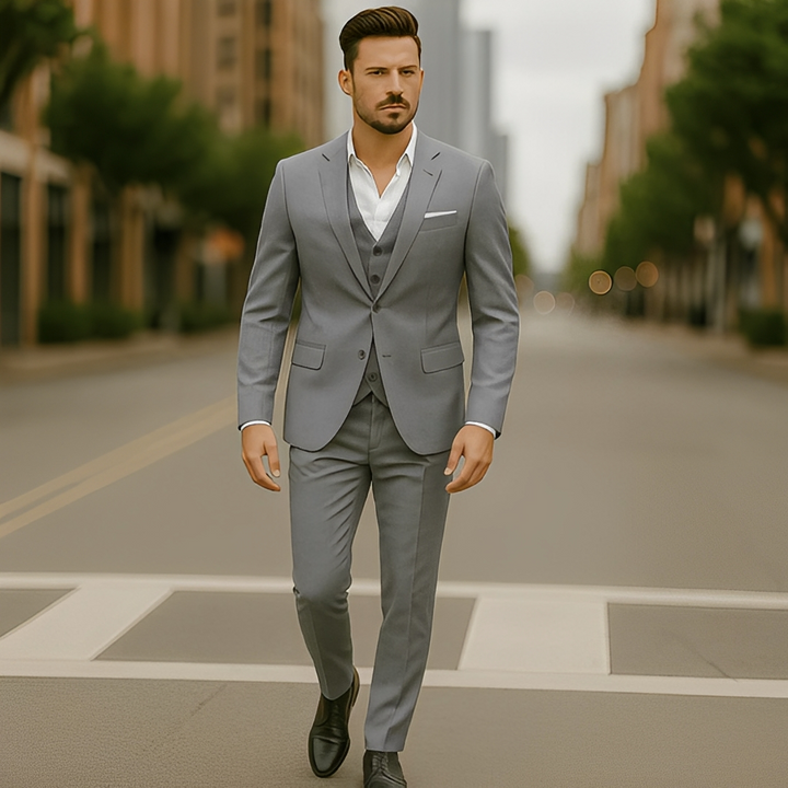 Fato formal masculino de verão em linho cinza, duas peças, elegante e confortável para eventos ou trabalho.