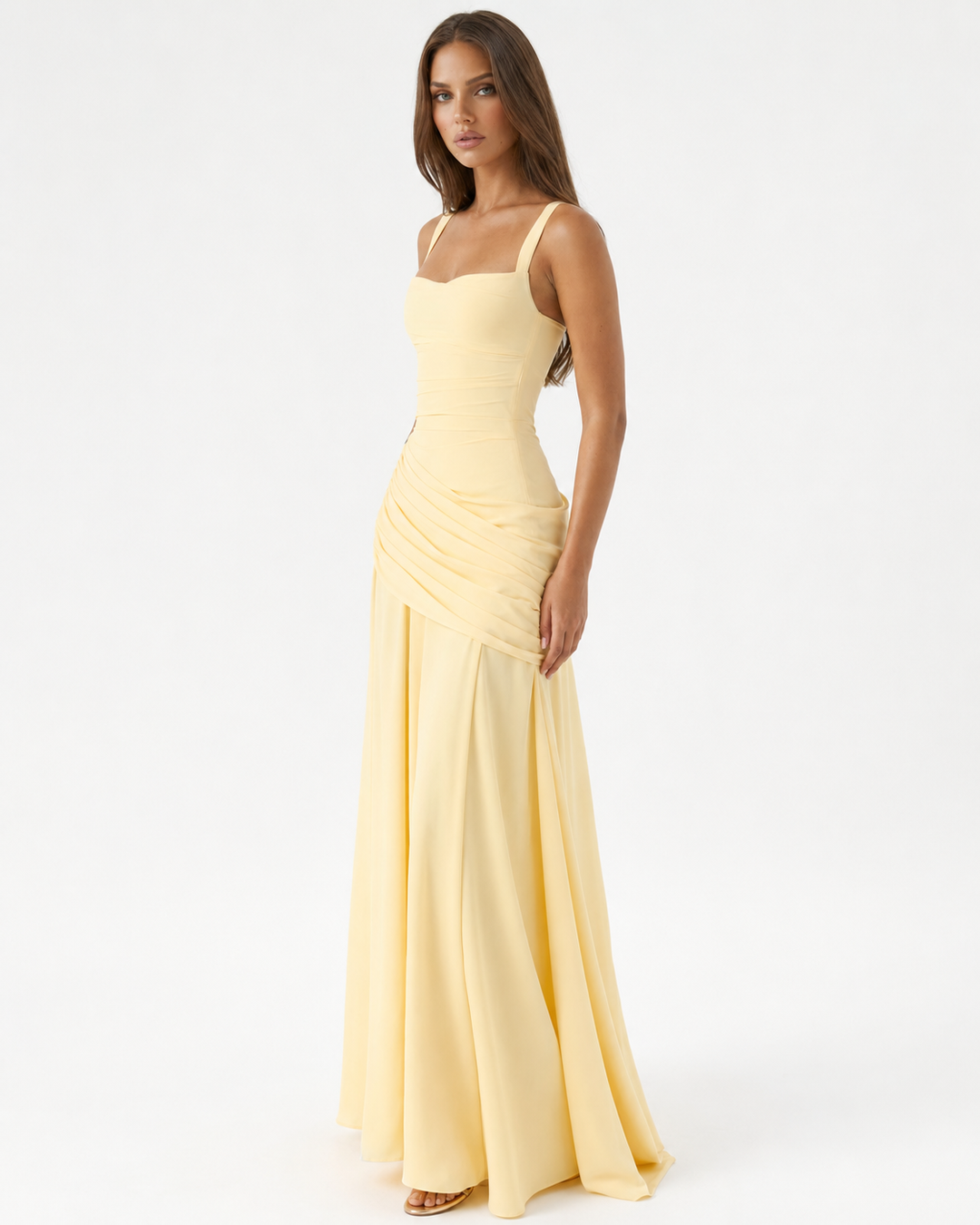 Vestido de festa feminino drapeado azul marinho, decote quadrado, estilo maxi.