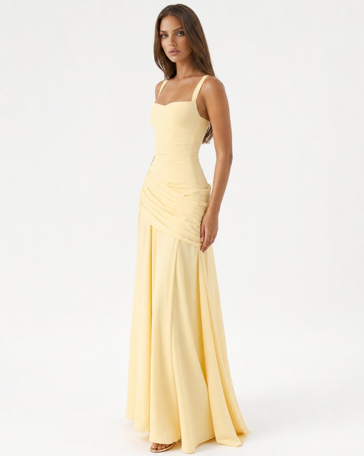 Vestido de festa feminino drapeado azul marinho, decote quadrado, estilo maxi.