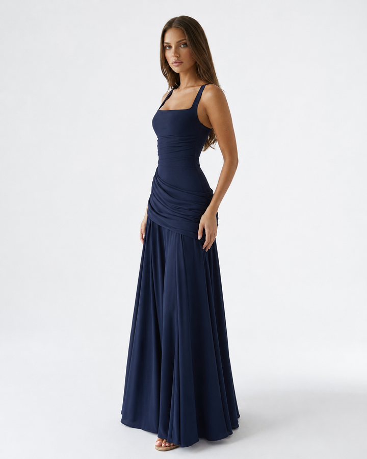 Vestido feminino rosa, decote quadrado, drapeado, ideal para o verão, moda elegante.
