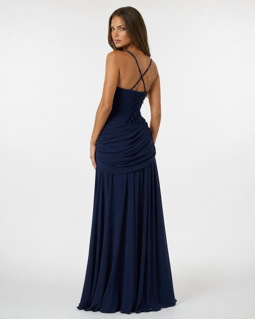 Elegante vestido feminino maxi drapeado, decote quadrado, disponível em várias cores.