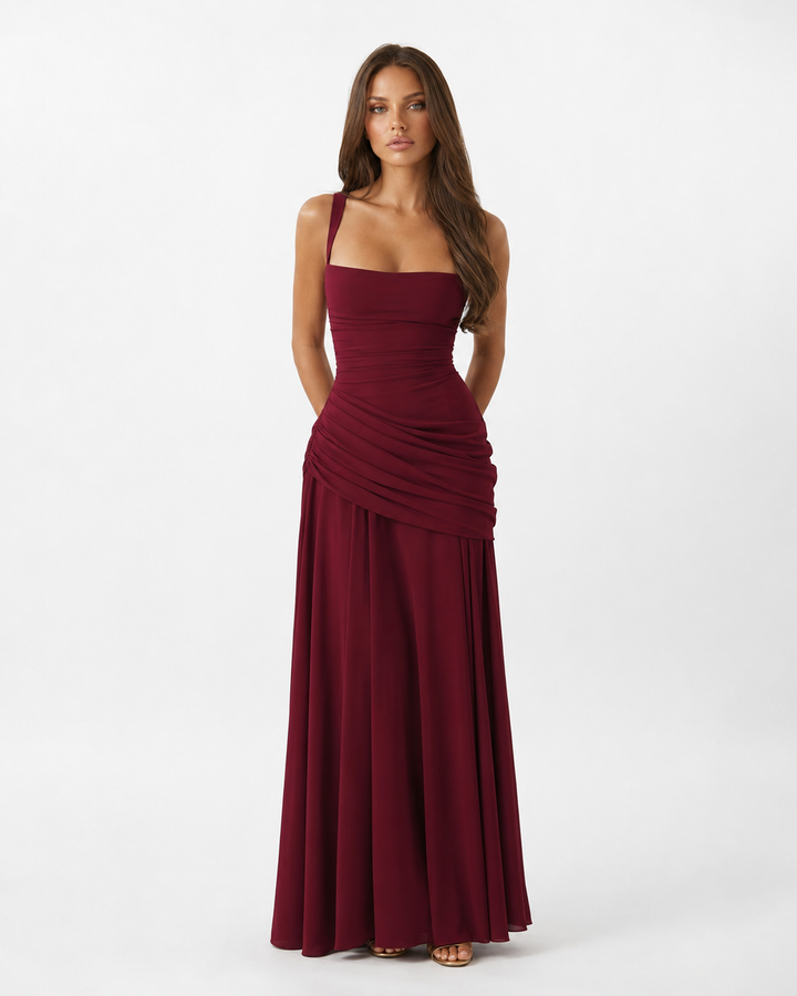 Vestido maxi azul marinho, confortável, decote quadrado drapeado, moda feminina.