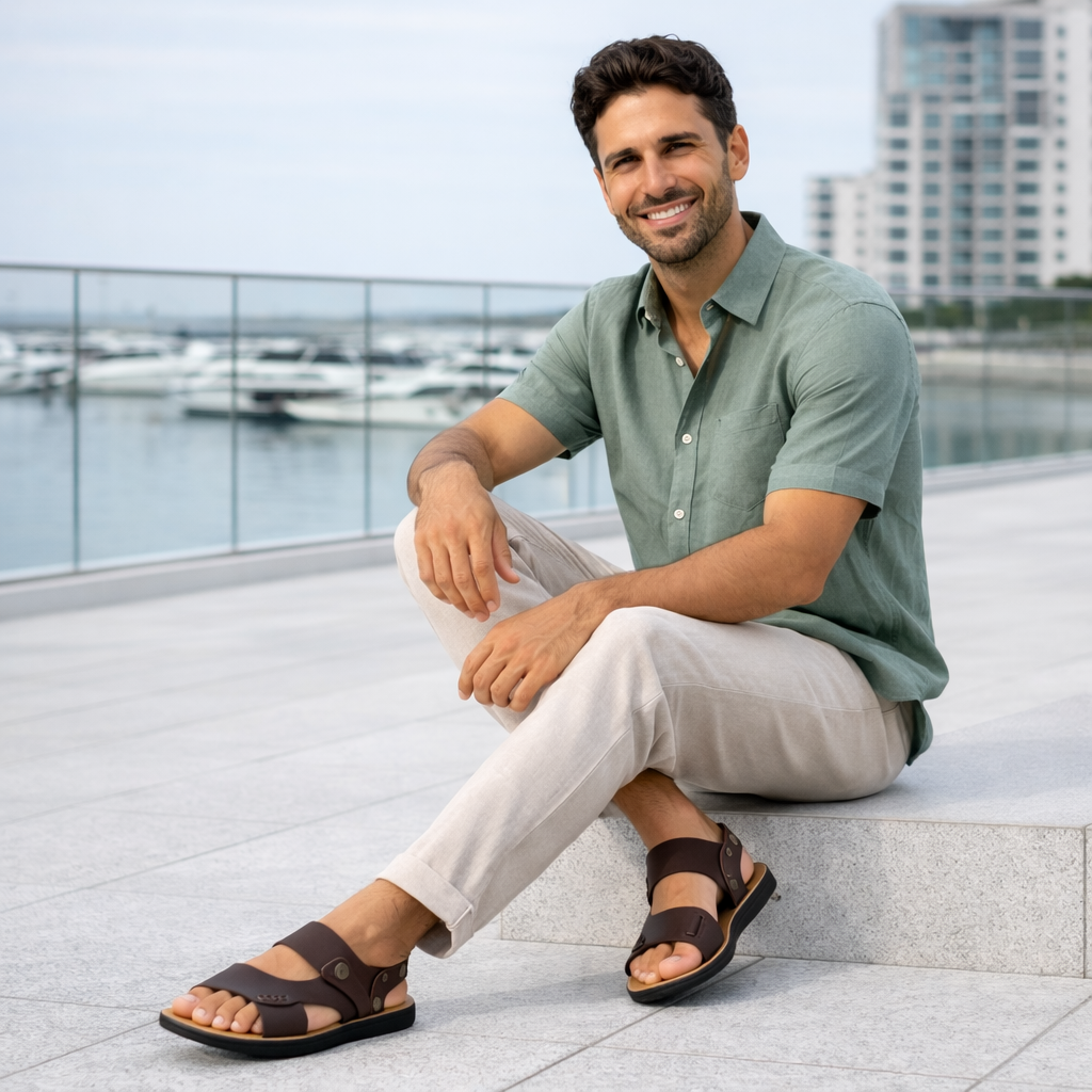 Sandálias masculinas casual para o verão. Calçado slip-on versátil, conforto superior para qualquer passeio.