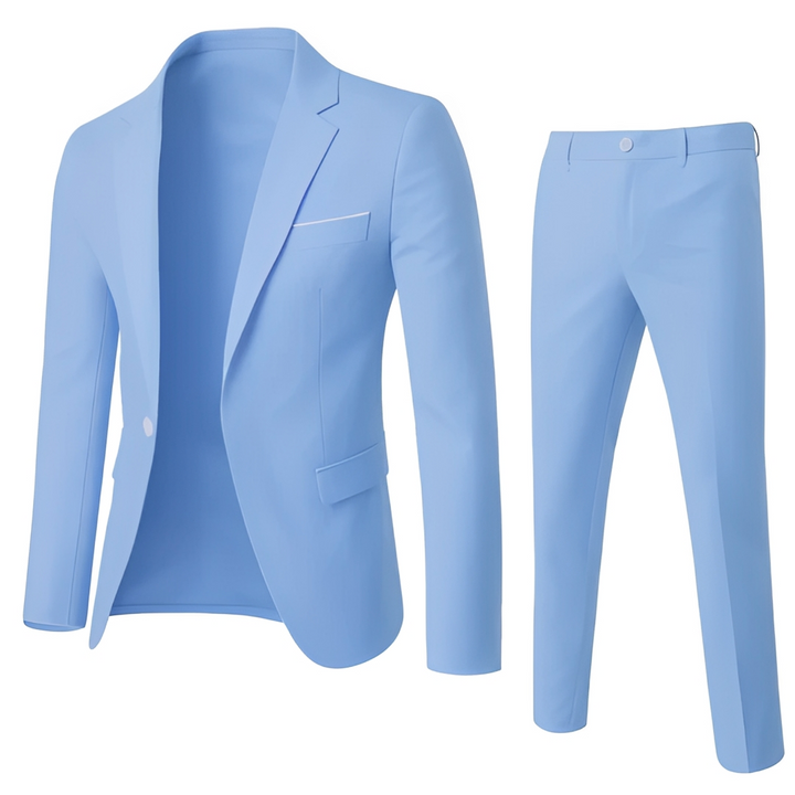 Homem vestindo conjunto masculino formal de verão. Estilo refinado para eventos e moda masculina atual.