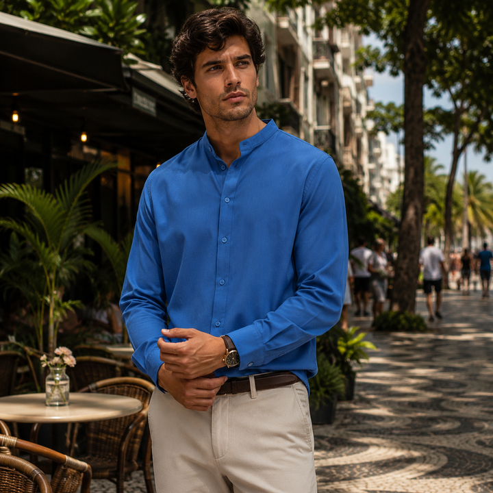 Camisa masculina de linho manga longa, com botões, respirável e confortável para o dia a dia.