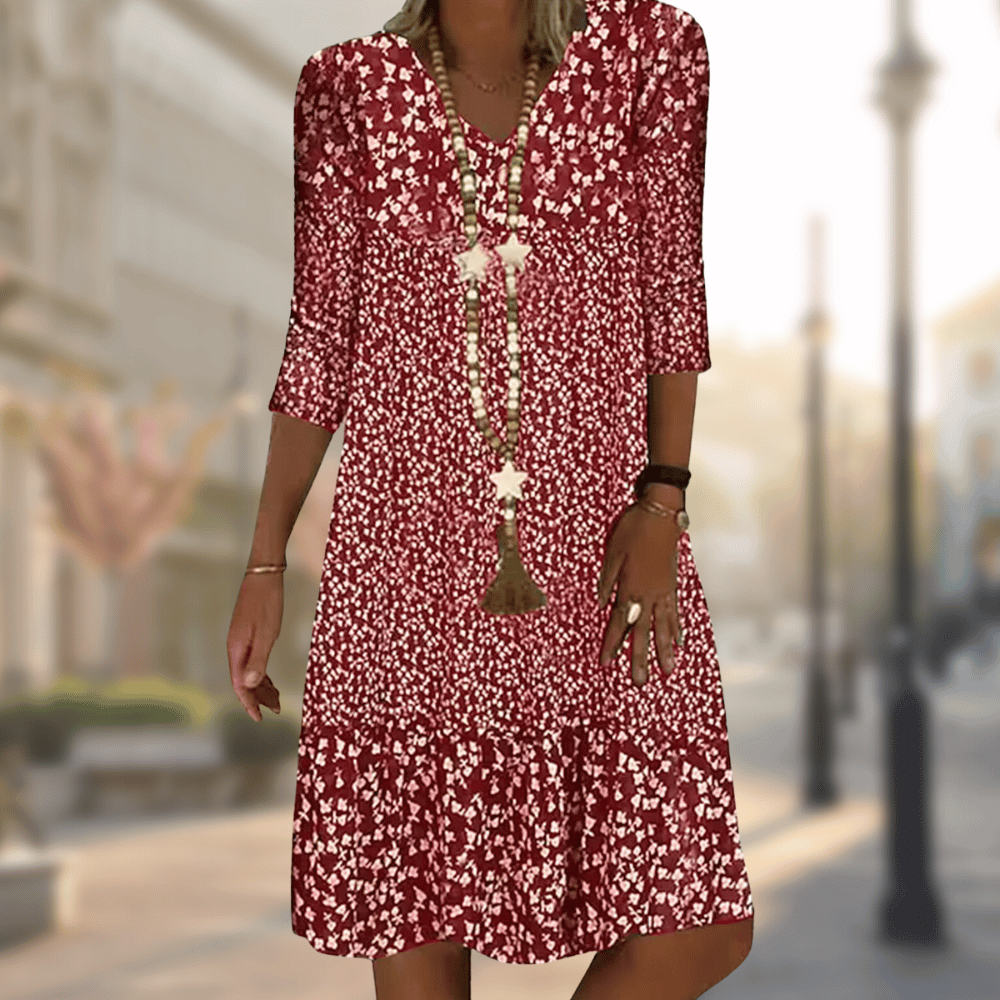 Vestido feminino midi floral decote V, ideal para look casual, elegante ou roupa de escritório. Moda versátil.