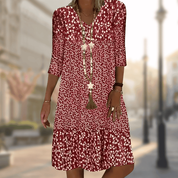 Vestido feminino midi floral decote V, ideal para look casual, elegante ou roupa de escritório. Moda versátil.