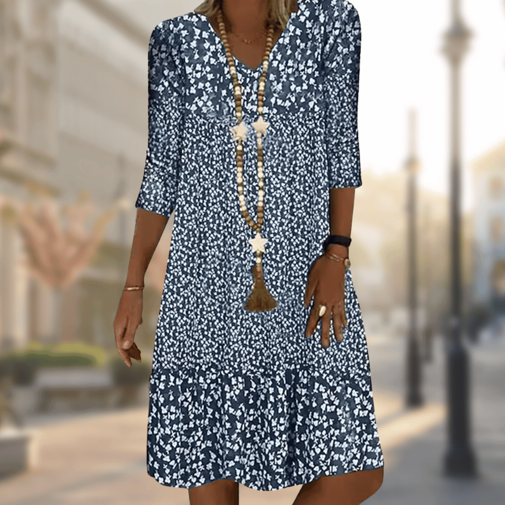 Vestido midi feminino floral elegante com decote V, perfeito para primavera/verão e ocasiões versáteis.