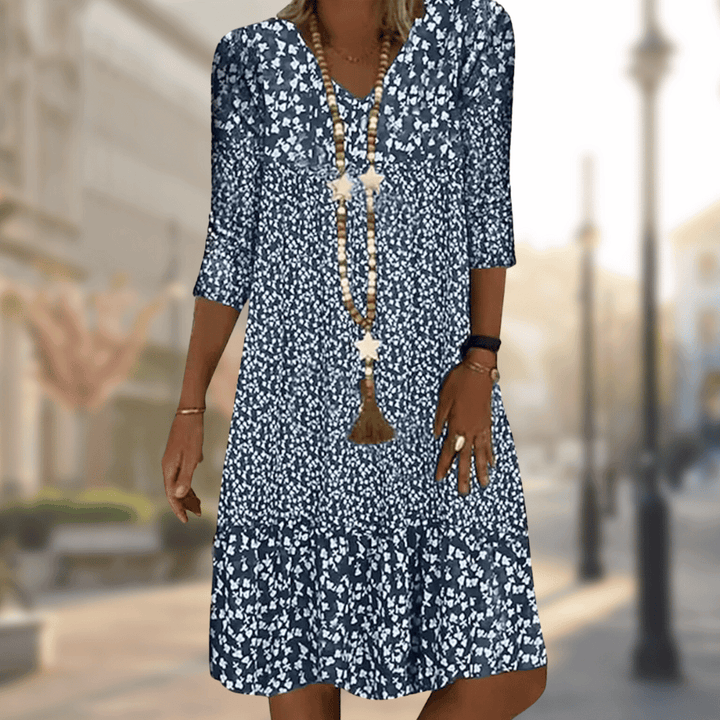 Vestido midi feminino floral elegante com decote V, perfeito para primavera/verão e ocasiões versáteis.