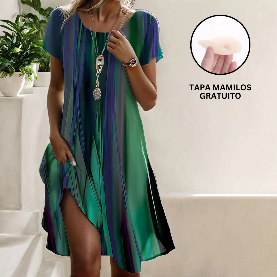 Vestido midi feminino boho casual com degradê verde, perfeito para o verão e moda praia.