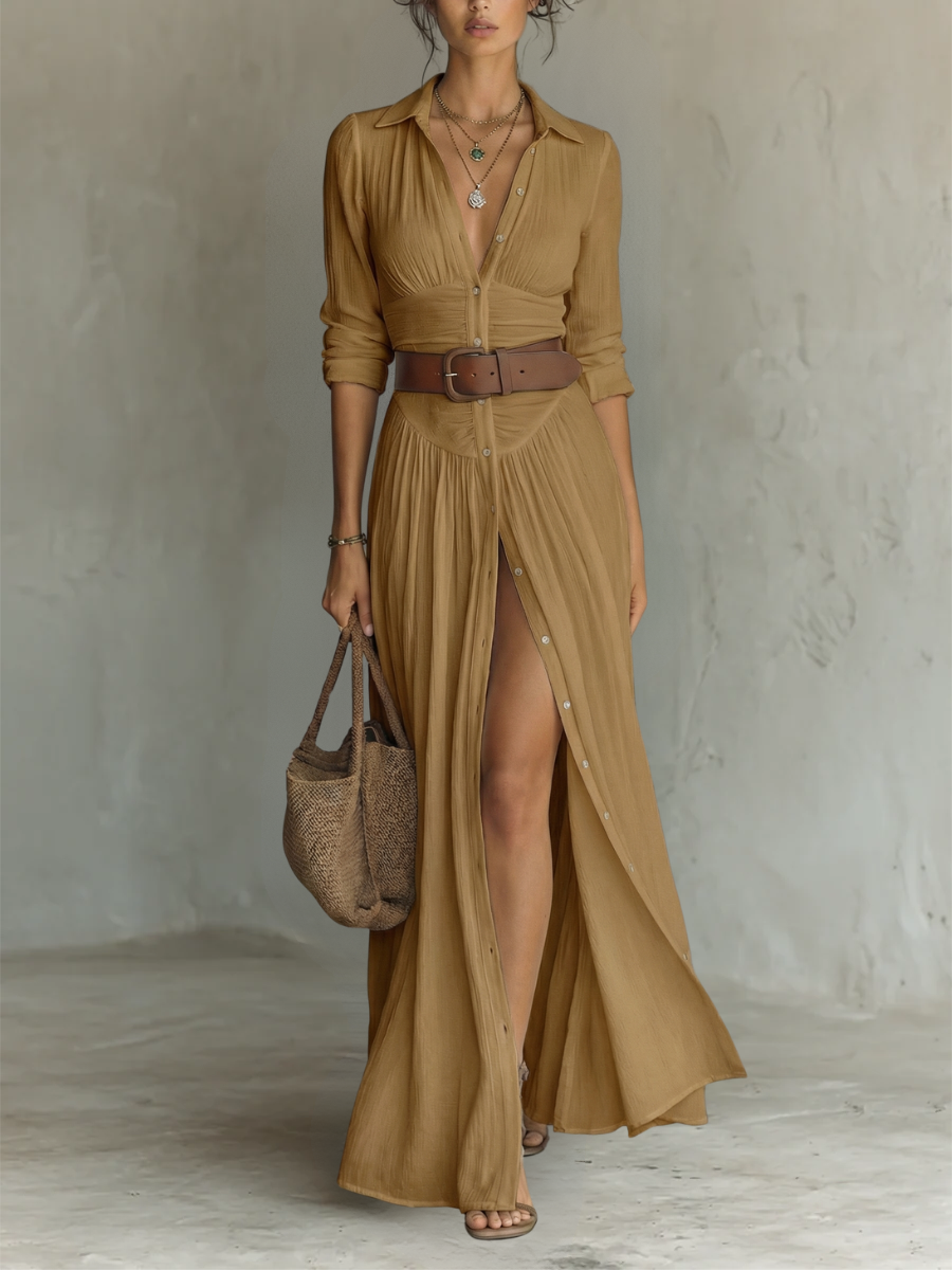 Vestido maxi Amélia de mulher, com colarinho, detalhes plissados e tecido fluido. Perfeito para look elegante de verão.