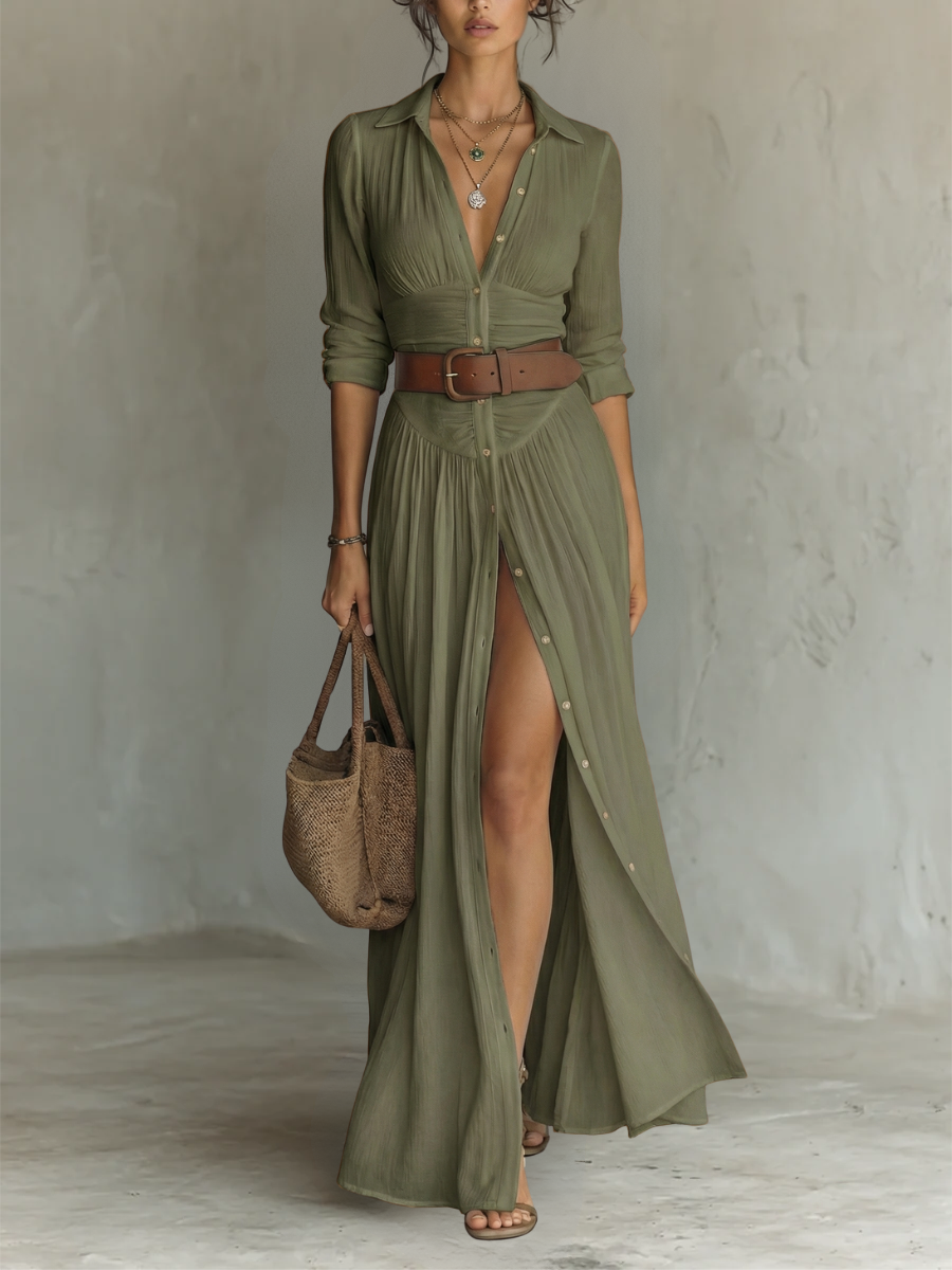 Vestido maxi elegante e casual para mulher, com colarinho. Ideal para primavera, verão e outono. Fluido e versátil.