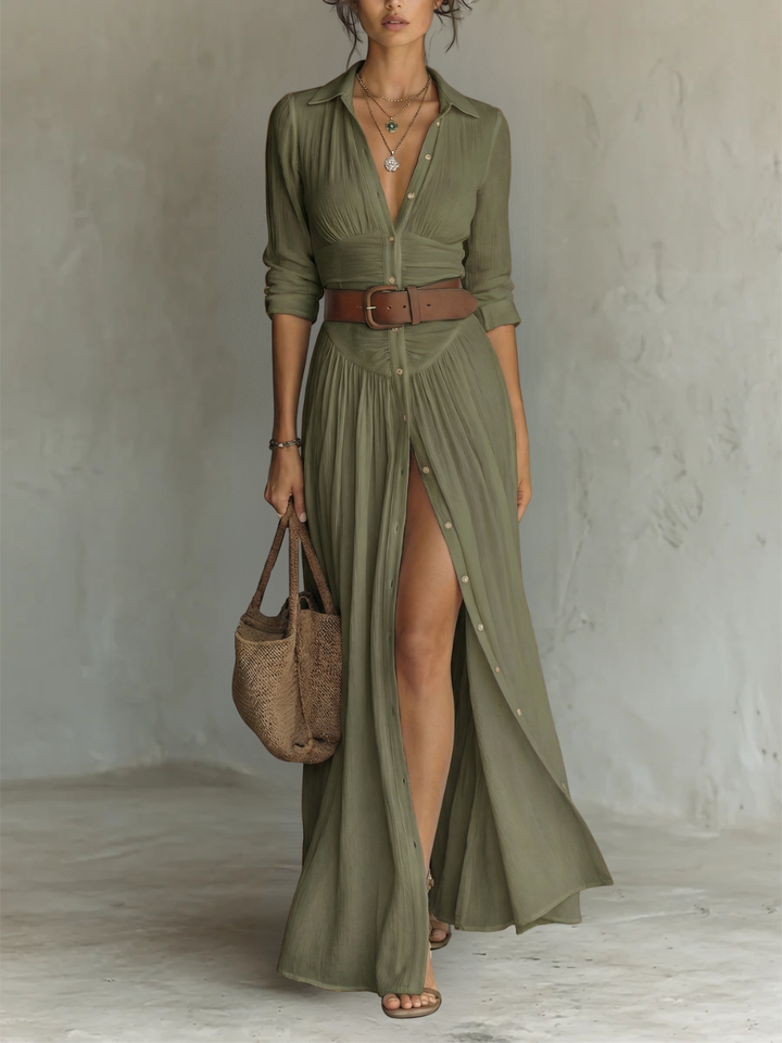 Vestido maxi elegante e casual para mulher, com colarinho. Ideal para primavera, verão e outono. Fluido e versátil.