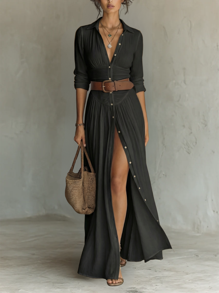 Vestido Amélia maxi elegante de mulher com colarinho, caimento fluido, para festas ou uso diário na primavera.