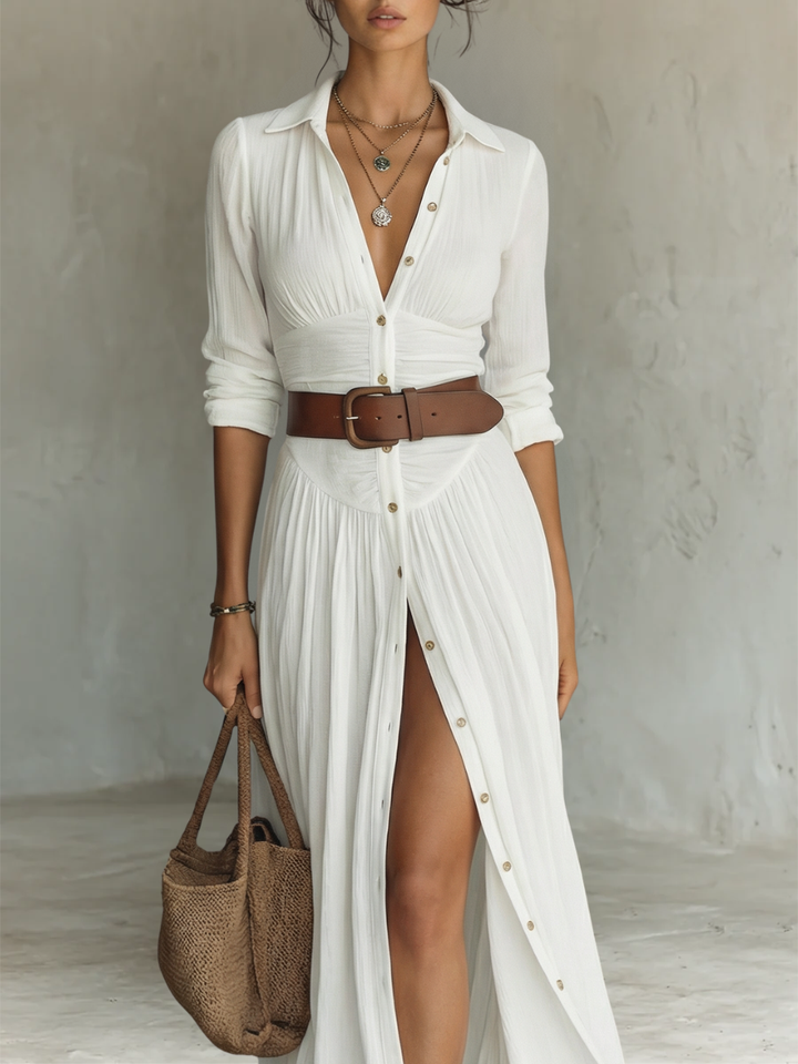 Vestido maxi Amélia fluido plissado para mulher, com colarinho, perfeito para um look elegante e casual.