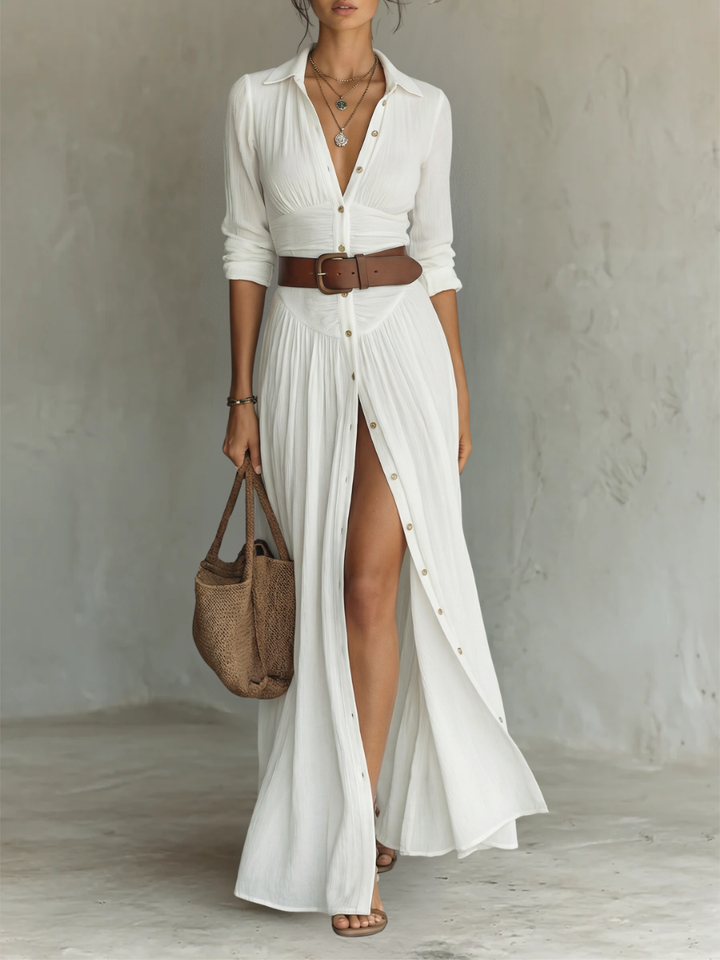 Vestido maxi elegante Amélia para mulher, com colarinho e design fluido, ideal para festas e eventos.