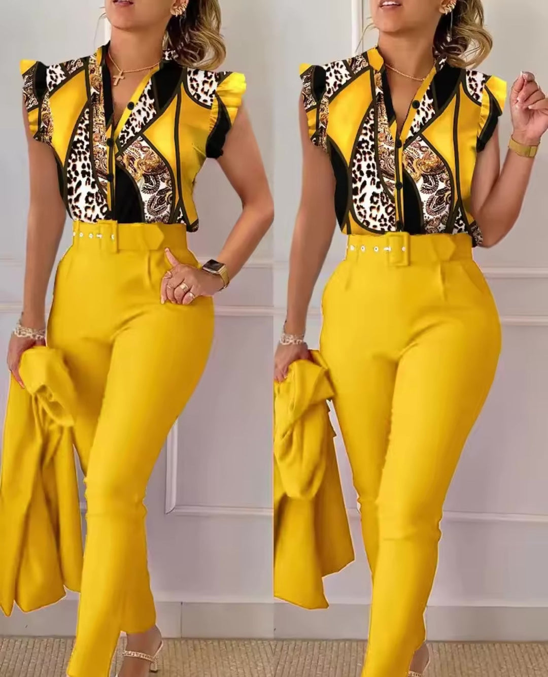 Conjunto feminino formal elegante, incluindo casaco, calça e camisa, ideal para ocasiões de negócios.