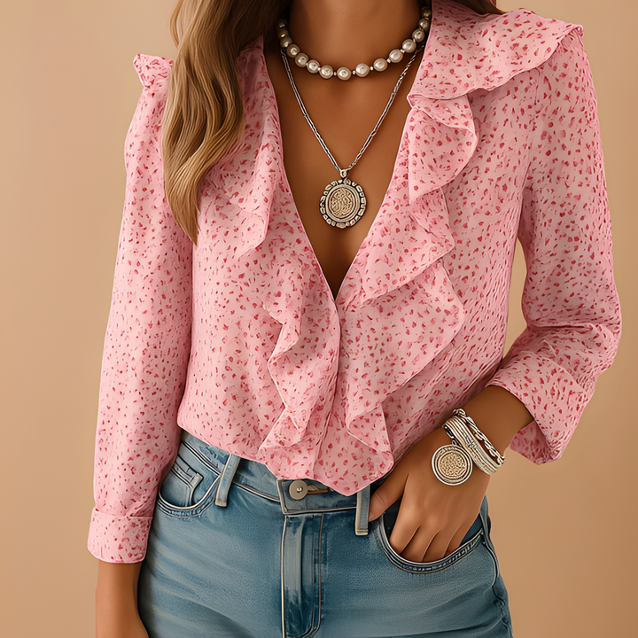 Blusa feminina casual chique, com babados e mangas longas. Um top elegante para o verão e a primavera.