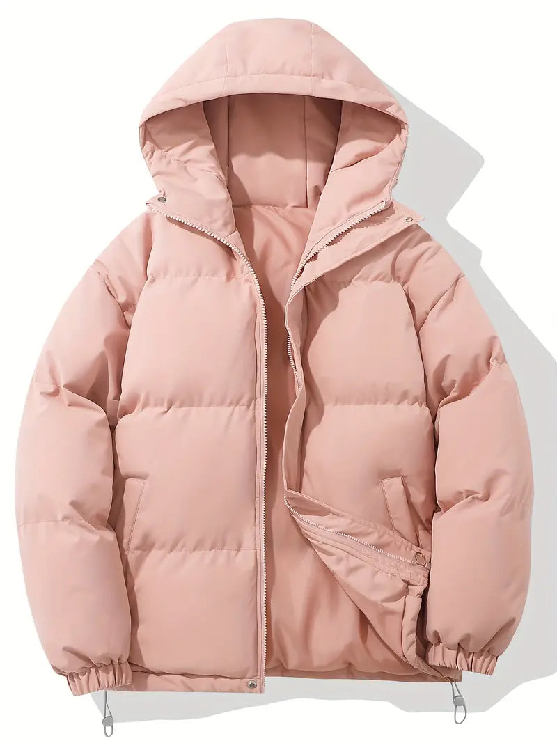 Casaco feminino de inverno acolchoado com capuz, ideal para frio intenso e moda feminina.