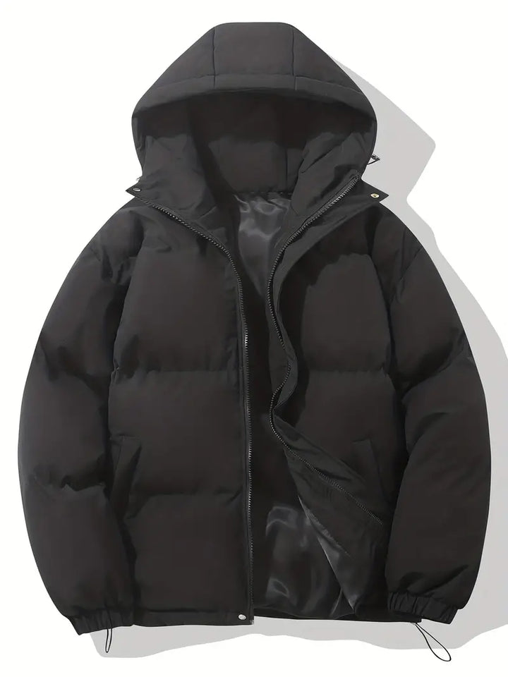 Casaco feminino de inverno com capuz forrado, acolchoado, para aquecimento e estilo.