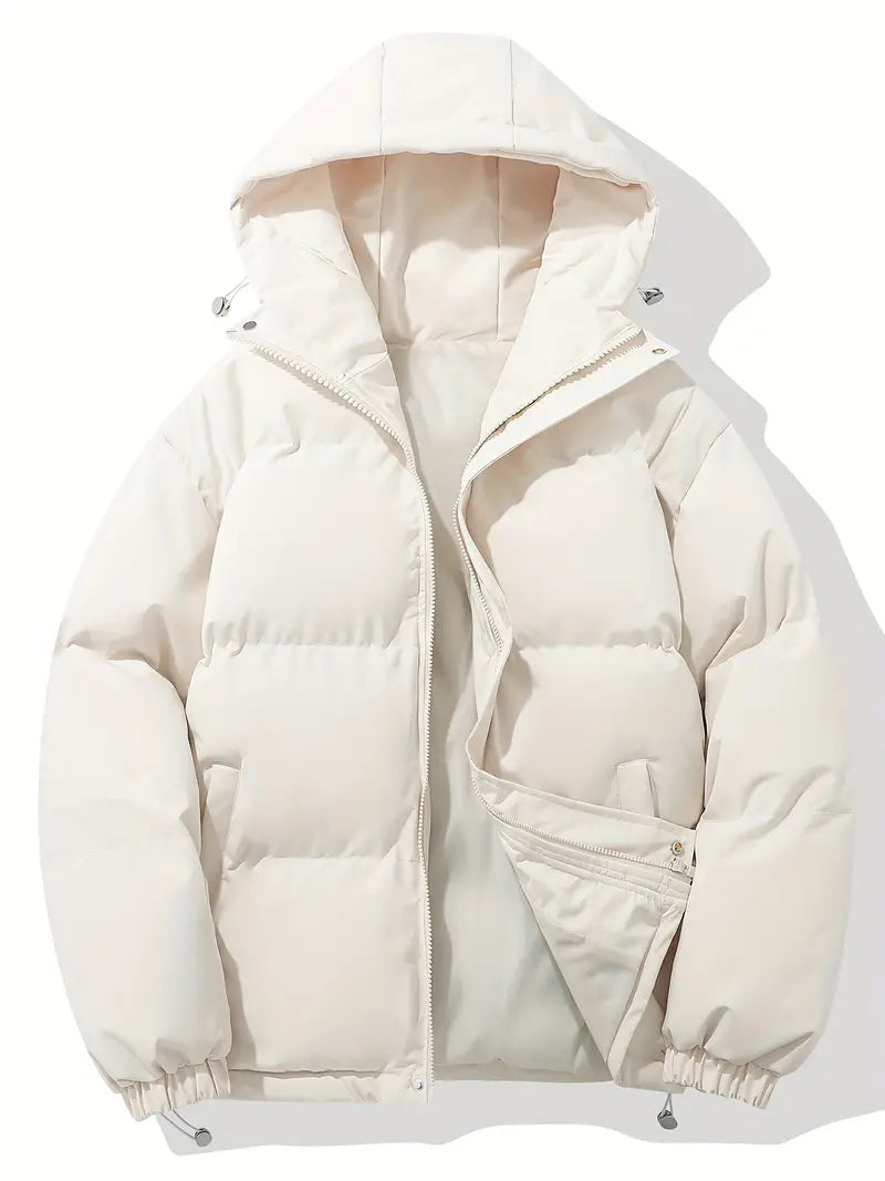Casaco feminino quente e acolchoado com capuz, proteção e elegância para o inverno.