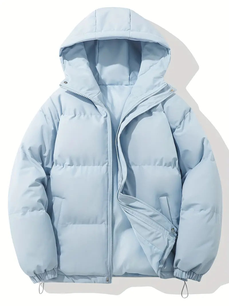 Agasalho feminino de inverno, jaqueta acolchoada, com capuz e fecho em zíper.