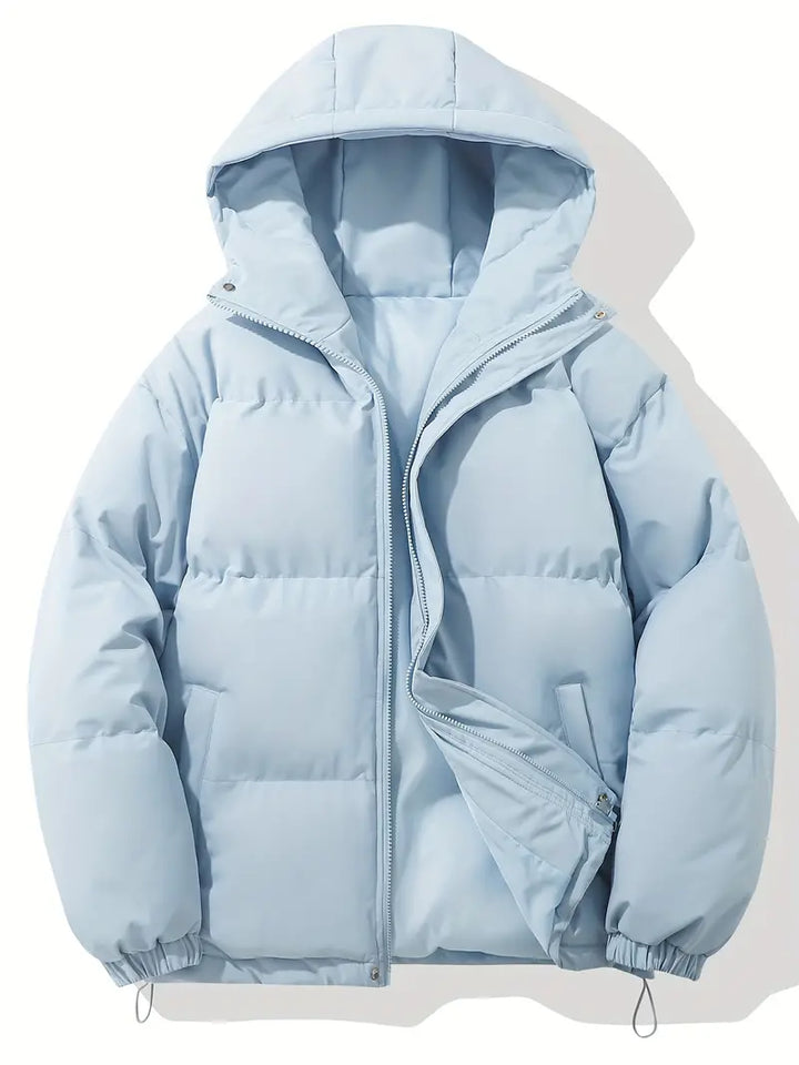 Agasalho feminino de inverno, jaqueta acolchoada, com capuz e fecho em zíper.