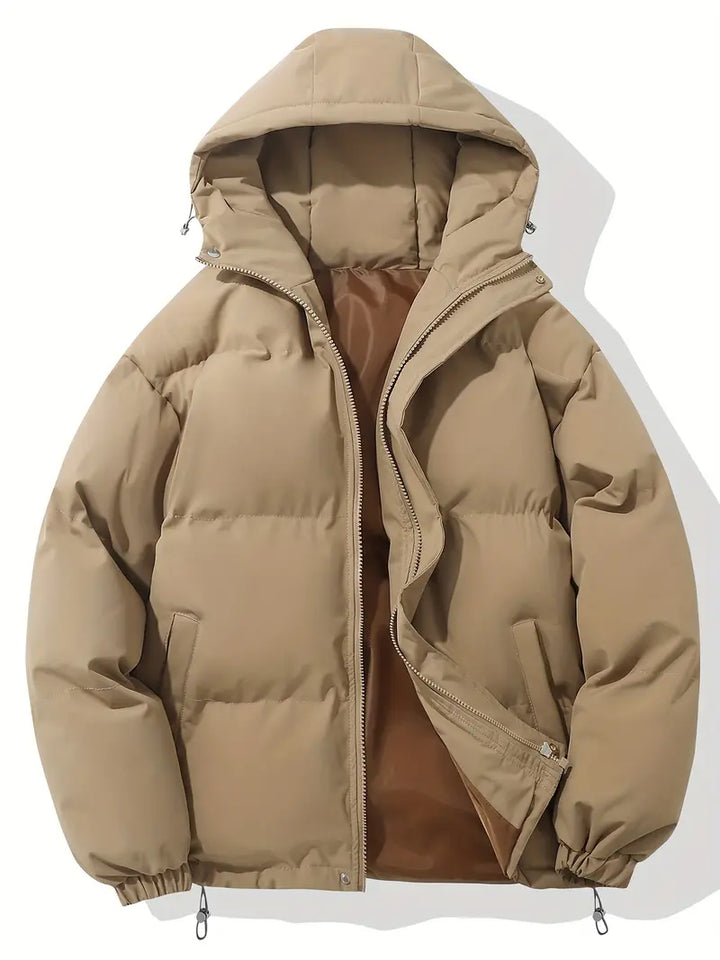 Jaqueta acolchoada feminina, design elegante, capuz e bolsos, para o inverno.