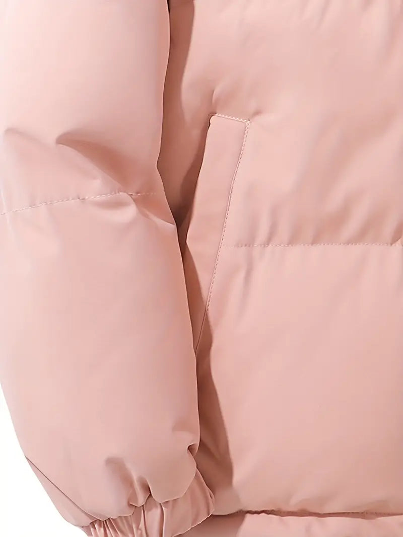 Casaco feminino estiloso para inverno, acolchoado, com capuz e zíper, para o frio.
