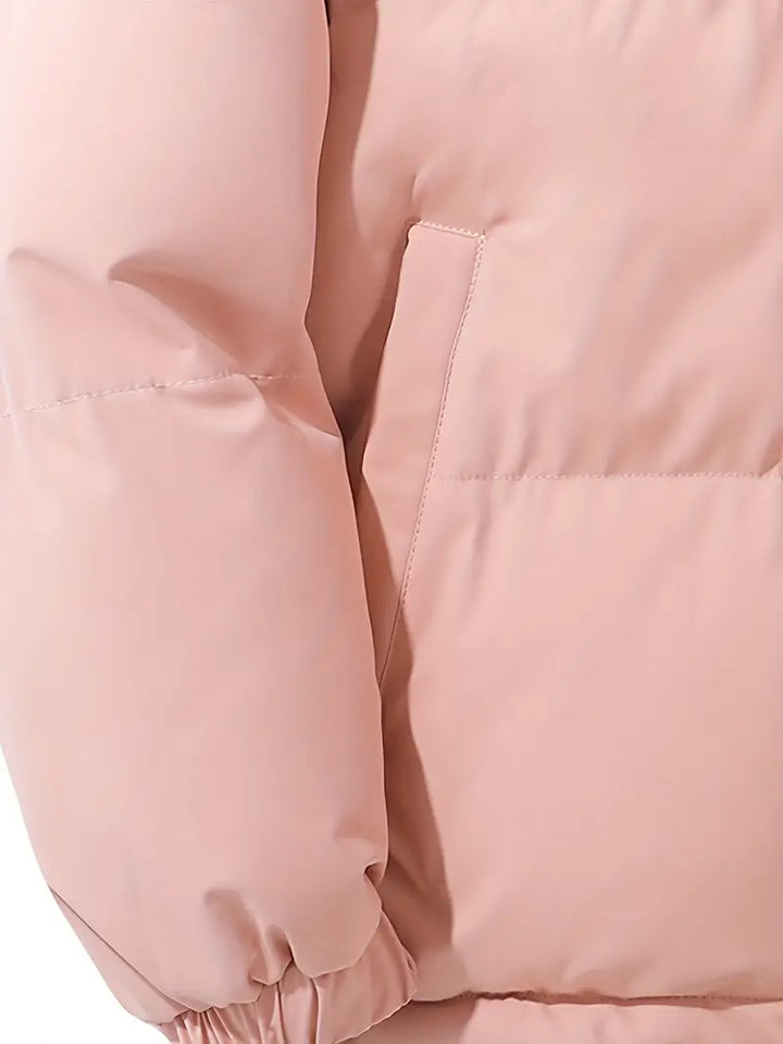 Casaco feminino estiloso para inverno, acolchoado, com capuz e zíper, para o frio.