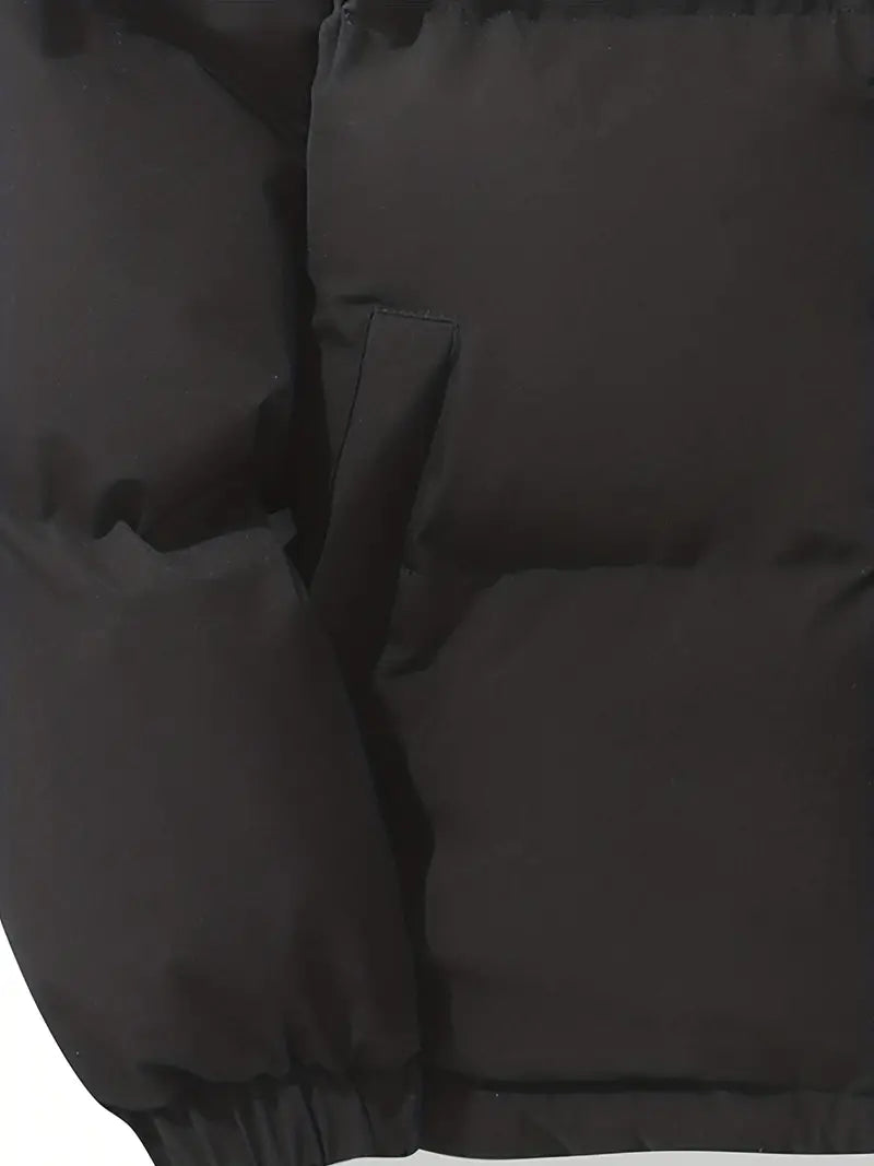 Casaco acolchoado feminino para inverno, com capuz, zíper frontal e bolsos laterais.
