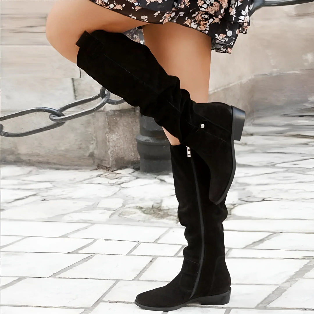 Bota feminina de joelho elegante, confeccionada em camurça sintética para máximo conforto. (pt)