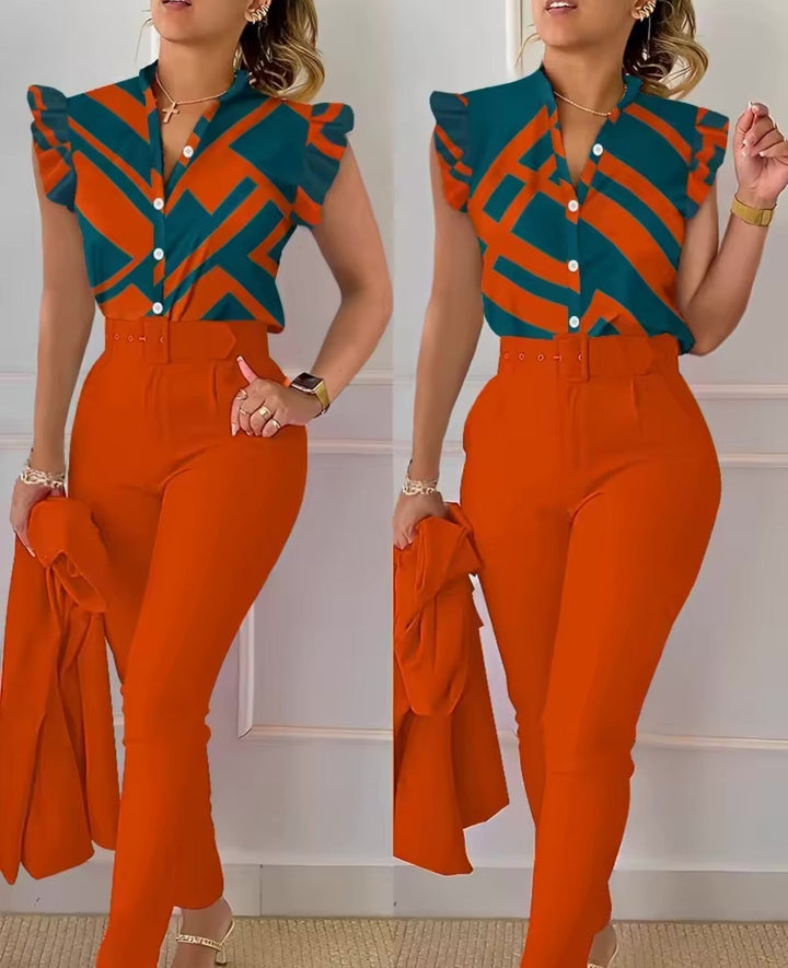 Moda feminina executiva: terno social 3 peças (blazer, calça, camisa) que exala elegância e confiança.