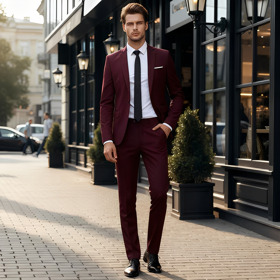 Terno masculino Austine moderno, ideal para moda formal e eventos sociais, proporcionando elegância e conforto para o homem.