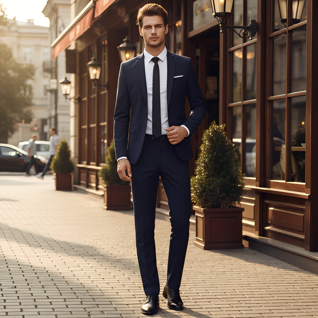 Conjunto masculino sazonal Austine, com estilo moderno e elegância para negócios, casamentos e eventos, oferecendo conforto.