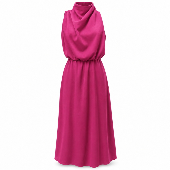 Vestido midi acinturado, gola alta drapeada e sem mangas. Perfeito para eventos especiais e moda feminina.